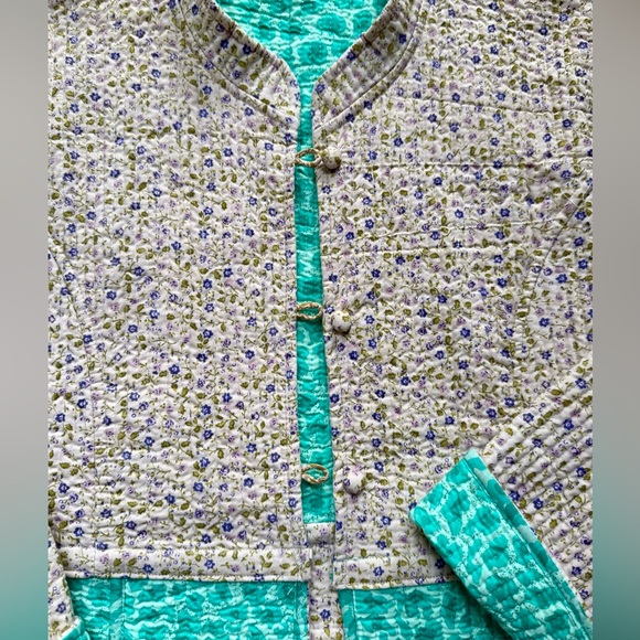 Reversible Quilted Cotton Blazer Jacket with Floral Brooch Cropped M, FBC Studio - Picture 11 of 17